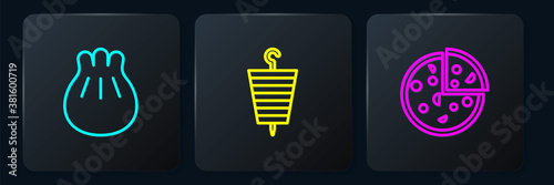Set line Khinkali on cutting board, Pizza and Grilled shish kebab. Black square button. Vector.