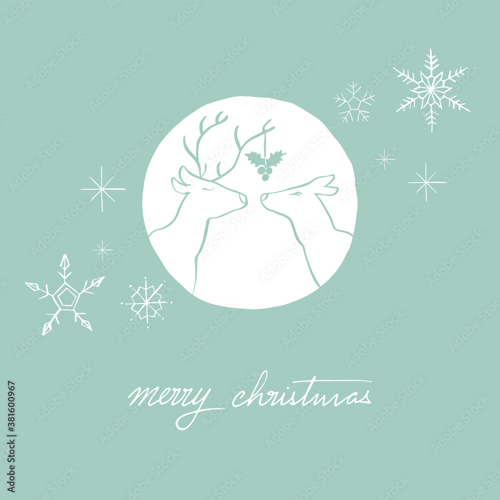 Hand drawn reindeer couple under the mistletoe on a blue and white composition square postcard