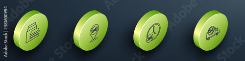 Set Isometric Online ordering and burger delivery, Round the clock, Clock 24 hours and Fast by car icon. Vector.