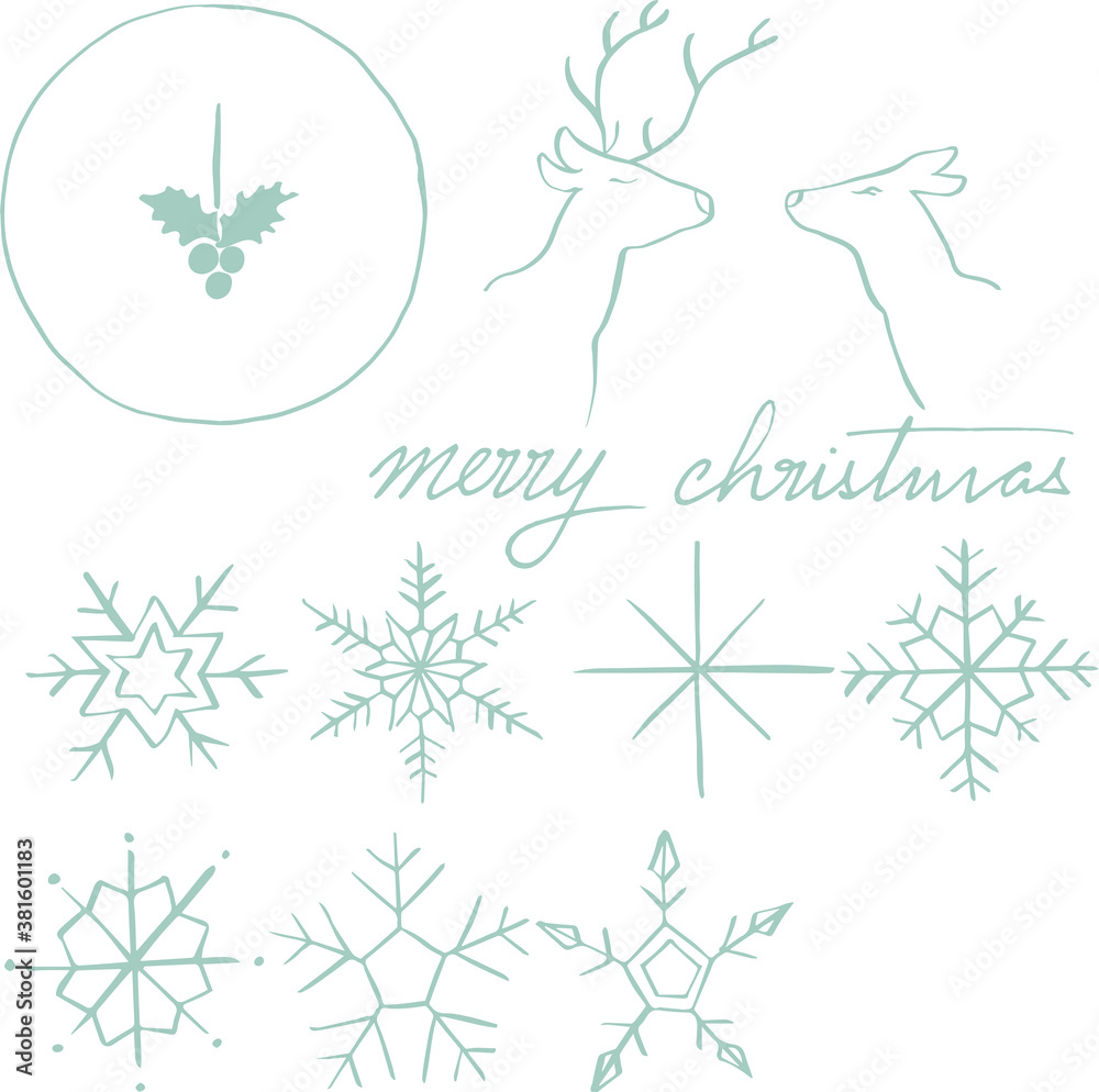 Hand drawn reindeer and winter elements to use and create postcards, stamps, posters or textile print