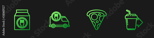 Set line Slice of pizza, Online ordering and delivery, Fast by car and Coffee cup to go. Gradient color icons. Vector.