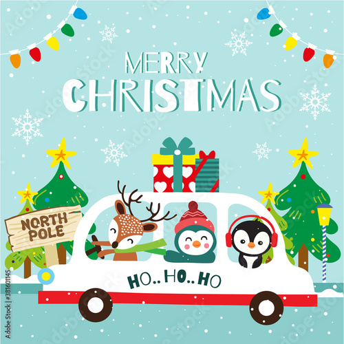Merry Christmas greeting card with reindeer and friends on car