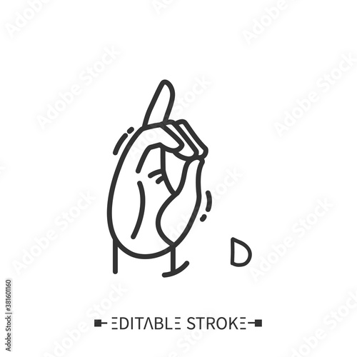 Hand gesture showing D letter line icon. Fingerspelling American language. Sign alphabet for deaf-mutes. Communication for disabled people. Mudra. Isolated vector illustration. Editable stroke