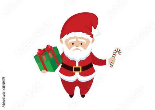 Cute Santa Claus with a gift box and candy cane icon vector. Cute Santa Claus holding gift box cartoon character. Happy Santa icon isolated on a white background © betka82