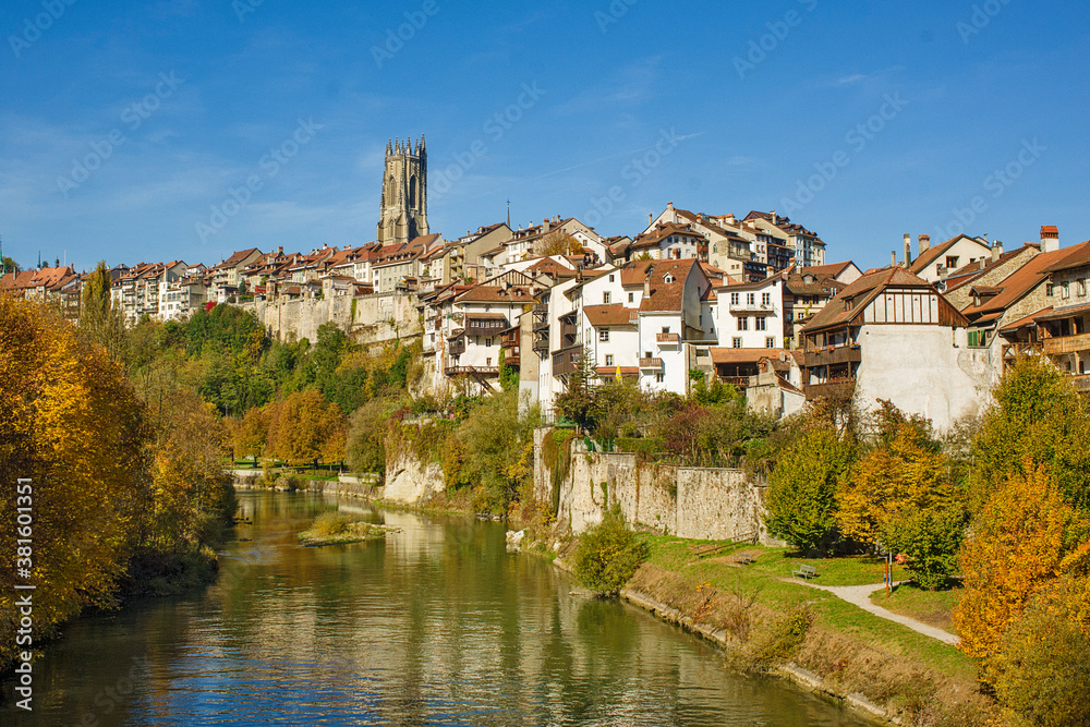the cathedral and the district of l'Auge, seen from the Middle Bridge over the Sarine in Fribourg, Switzerland