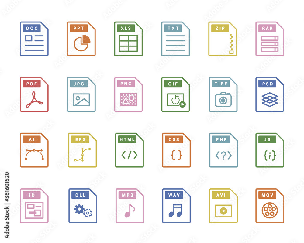 ファイル、ドキュメント、拡張子のアイコンのセット／ソフトウェア／書類／ビジネス／データ／文書／IT