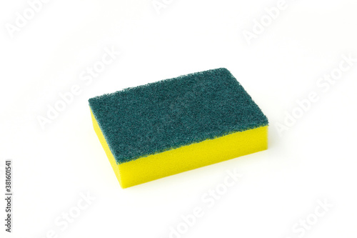 Dishwashing sponge on white background.
