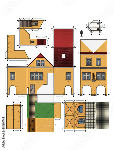 The vectorized hand drawing of an paper model of the old yellow  town burger house