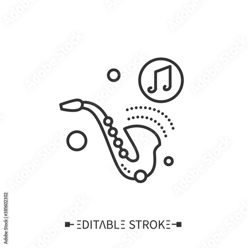 Saxophone line icon.Classic woodwind orchestral instrument.Classical, ethnic and contemporary music. Musical instrument for playing blues, jazz. Jazz band.Isolated vector illustrations.Editable stroke