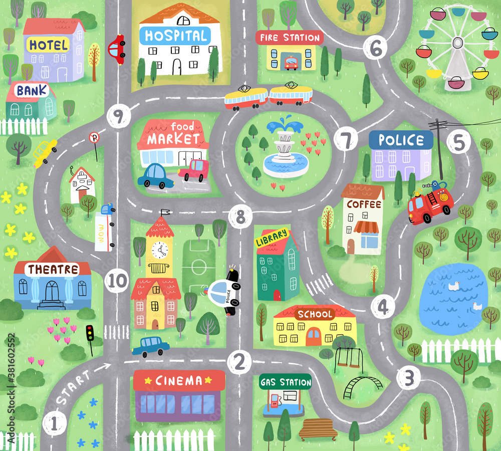 Abstract map. Life of a small city for children. interesting carpet with  roads for children. Stock Illustration | Adobe Stock