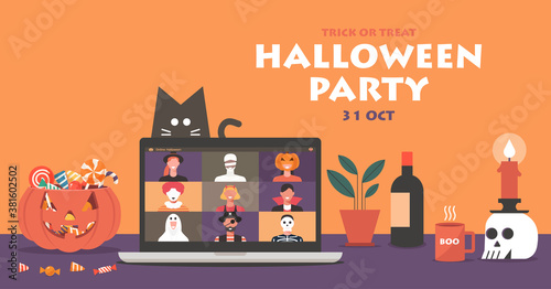Online Halloween party concept banner on laptop screen, people in horror costumes have video conferencing to celebrate festival with pumpkin and cat, vector flat illustration
