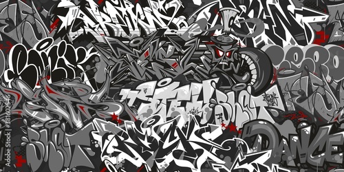 Dark Grey Abstract Graffiti Street Art Seamless Pattern. Vector Illustration Background Art