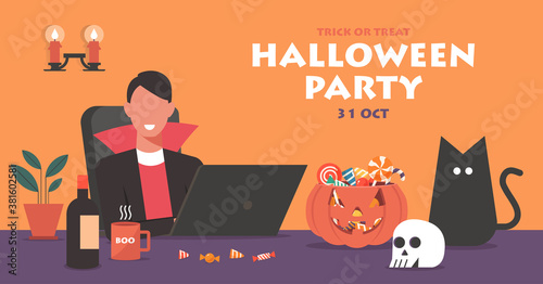 Man in Dracula costumes connecting together online on laptop to celebrate Halloween festival at home with pumpkin, candy, cat, and skull, vector banner flat illustration