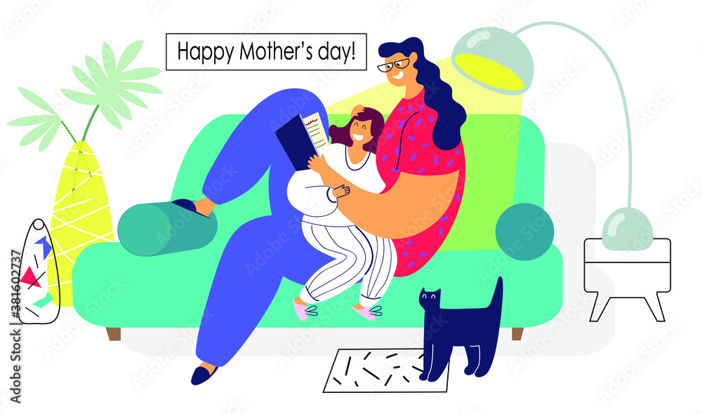Obraz premium Happy family, mom reads a book to daughter. Vector illustration