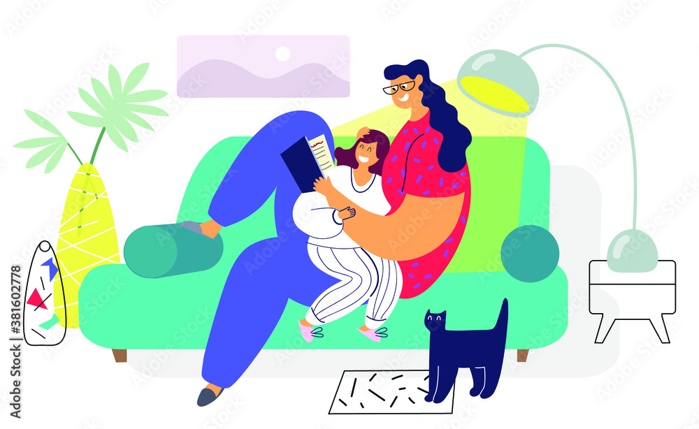 Obraz premium Happy family, mom reads a book to daughter. Vector illustration