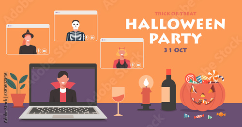 People in horror dress having video call to celebrate online Halloween party on laptop at home together with friends, vector banner flat illustration