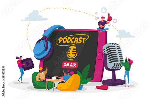Podcast, Comic Talks or Audio Program Online Broadcasting. Tiny Male, Female Characters with Microphone and Headset