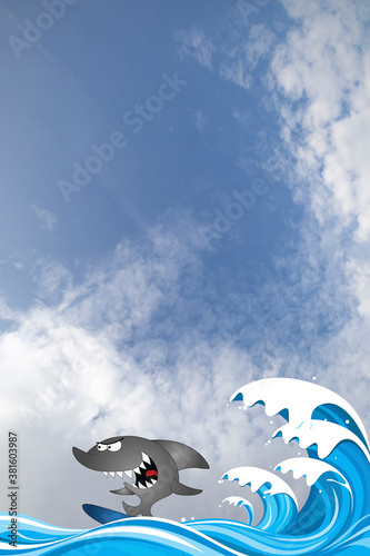 Comical shark surfer riding the waves set against a cloudy blue sky