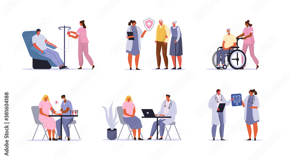 Doctors and Patients Characters set. Man donating Blood, Nurse caring for Elderly Person, Doctor Consulting Woman and other Scenes in Hospital. Health Care Concepts. Flat Cartoon Vector Illustration.