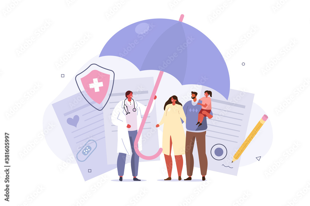 
Doctor and Patients in Hospital filling Health and Life Insurance Policy Contract. Doctor holding Umbrella over Family to Protect from Accident. Health Care Concept. Flat Cartoon Vector Illustration.