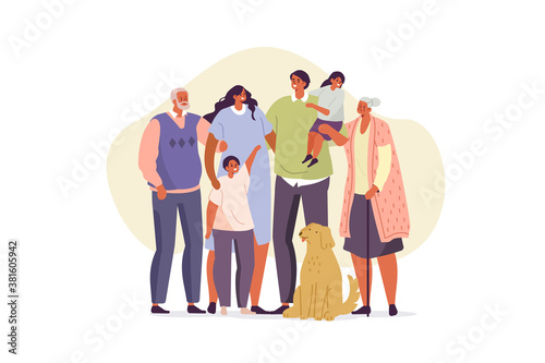 Multi Generational Family and Dog Spending Time Together. Mother, Father, Kids and Elderly Grandparents. They Hugging and Smiling to Each Other. Big Family Portrait. Flat Cartoon Vector Illustration. 