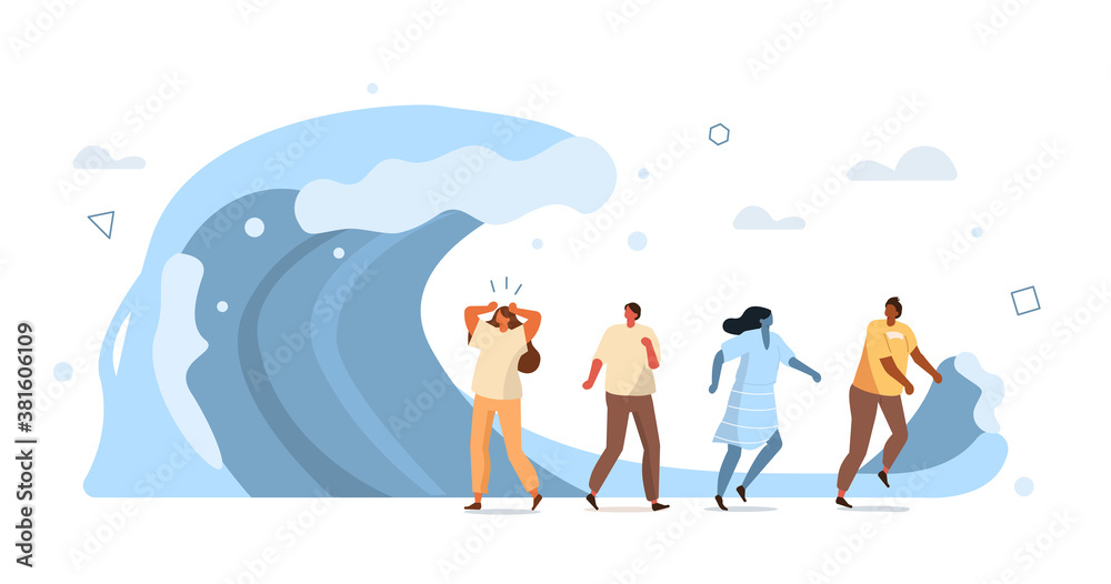 People Characters Running Away from Big Wave. Women and Men Trying to Save themselves from Economical Crisis. Financial Crisis and Second Wave Coronavirus Concept. Flat Cartoon Vector Illustration.