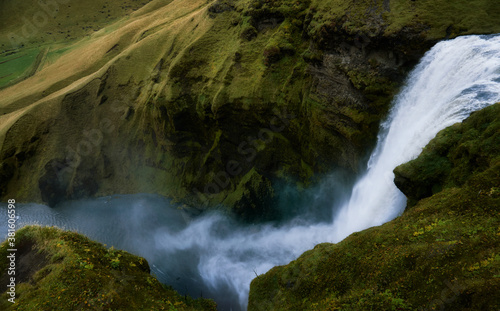 Aerial view of the mighty skogafoss waterfall