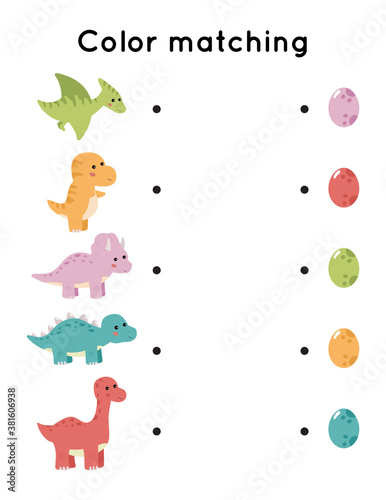 Educational color matching game. Printable worksheet for preschool children. Match dinosaur to eggs. Learning colours.