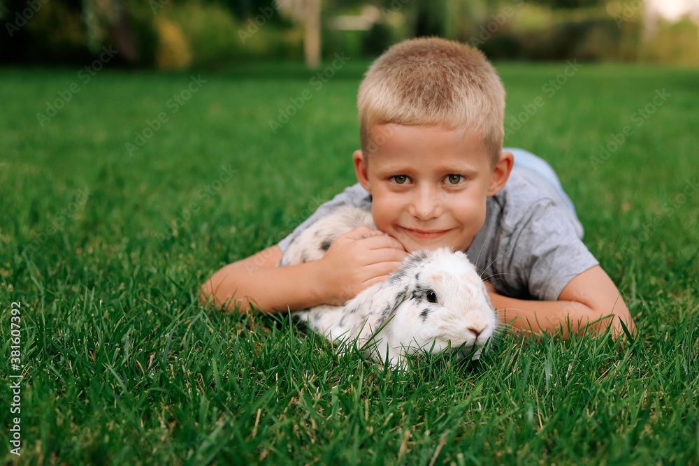 A happy blond boy lies on the green grass with his pet. A lop-eared tricolour rabbit. A happy blond boy lies on the green grass with his pet. A lop-eared tricolour rabbit.