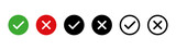 Check mark cross signs. Vector isolated elements. Check mark circle black icons signs vector. Vote symbol isolated vector tick elements.