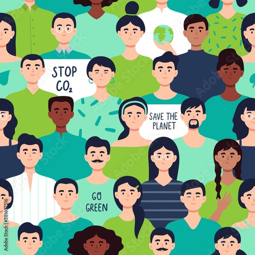 Diverse people crowd in protest or parade. Men and women protest holding a sign with green planet quotes. Earth day concept. Seamless pattern. Vector flat illustration.