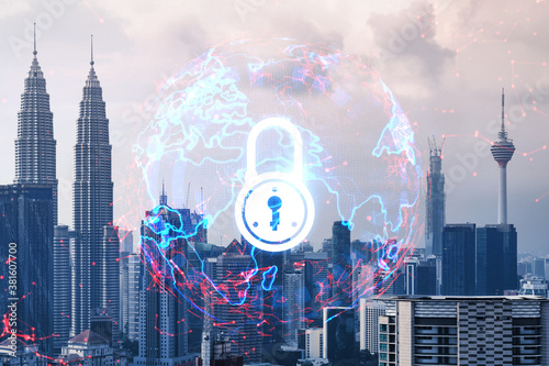 Photography Padlock icon hologram over panorama city view of Kuala Lumpur to protect business, Malaysia, Asia