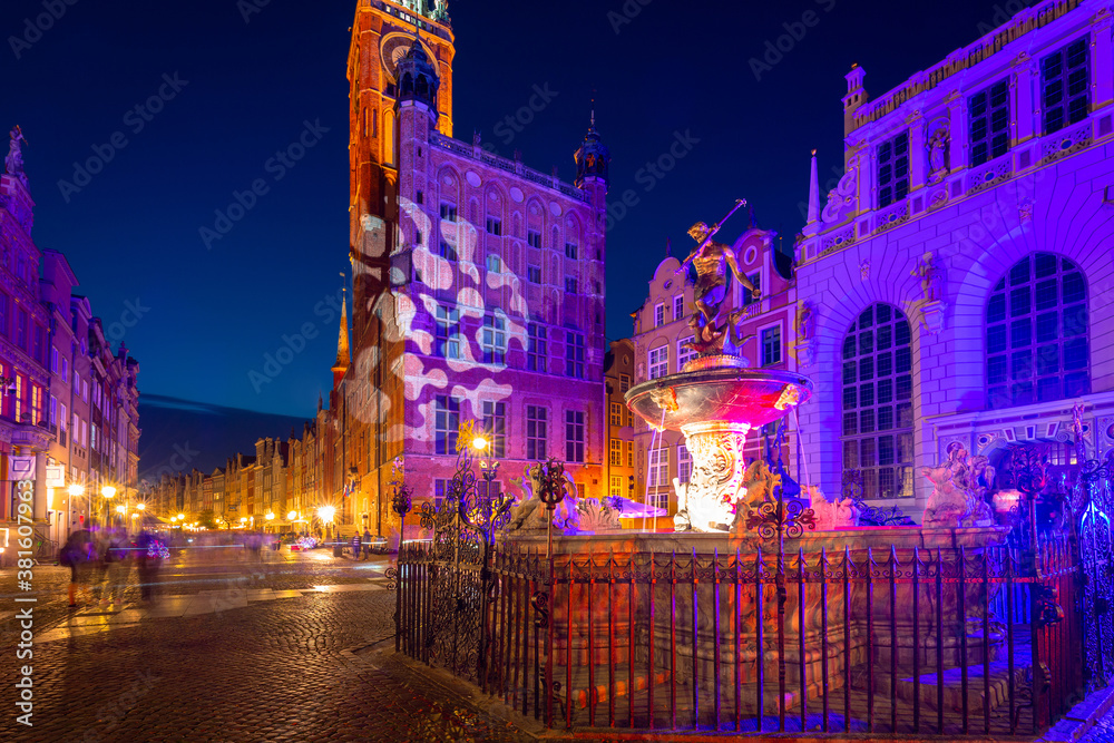 Old town of Gdansk an the fountain of the Neptune at night, Poland