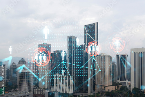 Photography Social media icons hologram over panorama city view of Kuala Lumpur, Malaysia, Asia
