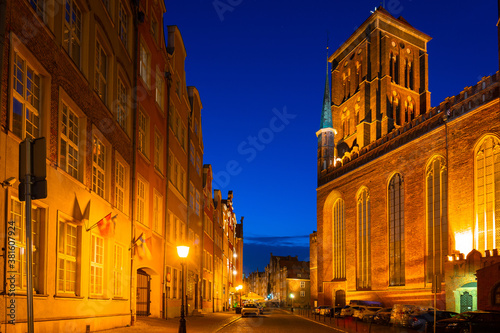 Architecture of St. Mary's Basilica in Gdansk at night, Poland
