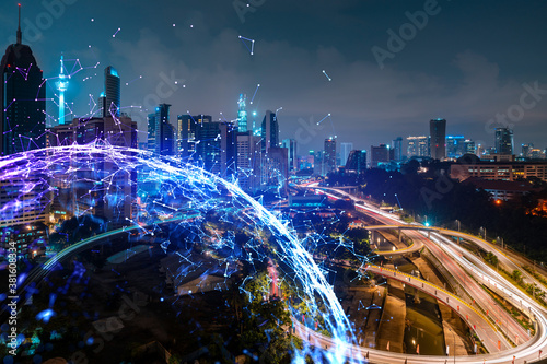 Canvas Print Abstract technology icons, night aerial panoramic cityscape of Kuala Lumpur, Malaysia, Asia