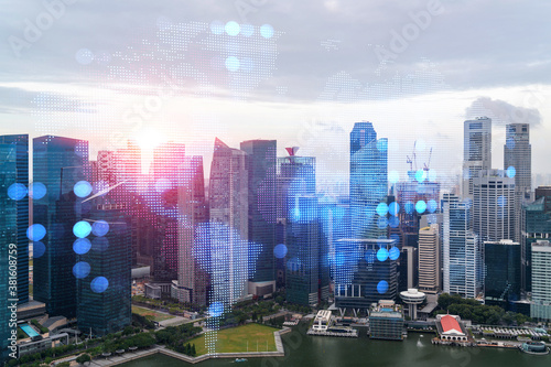 World planet Earth map hologram over panorama city view of Singapore  Asia. The concept of international connections and business. Multi Exposure.