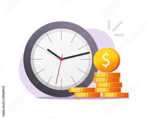 Time money inflacion concept vector icon flat cartoon illustration, cash stack savings with clock watch, long period term financial investment idea, income or annual monthly profit revenue