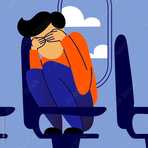A vector image of a man in the airplane having an aerophobia. A passenger being nervous and in a stress. A color image for a travel poster, flyer or article.