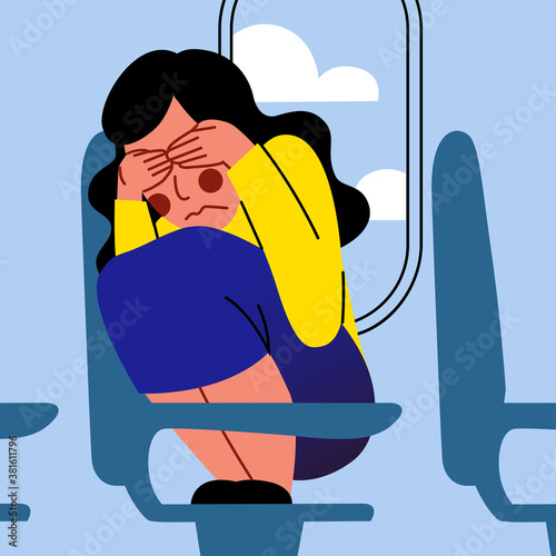A vector image of a woman in the airplane having an aerophobia. A passenger being nervous and in a stress. A color image for a travel poster, flyer or article.