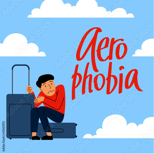 A vector image of a man with suitcases having an aerophobia. A passenger being nervous and in a stress. A color image for a travel poster, flyer or article.