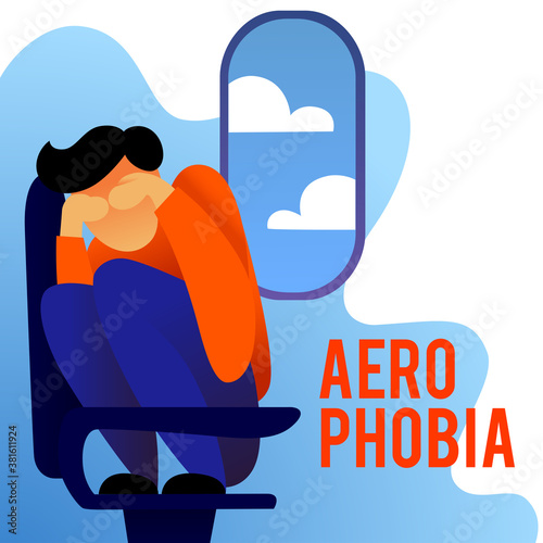 A vector image of a man in the airplane having an aerophobia. A passenger being nervous and in a stress. A color image for a travel poster, flyer or article.