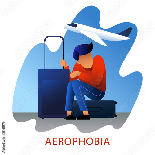 A vector image of a man with suitcases having an aerophobia. A passenger being nervous and in a stress. A color image for a travel poster, flyer or article.