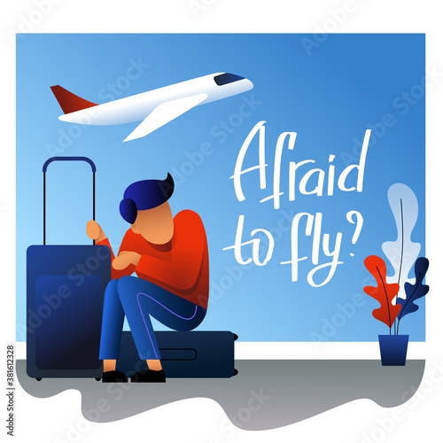 A vector image of a man with suitcases having an aerophobia. A passenger being nervous and in a stress. A color image for a travel poster, flyer or article.