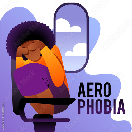 A vector image of a woman having an aerophobia. A passenger being nervous and in a stress. A color image for a travel poster, flyer or article.