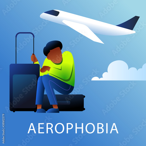A vector image of a man with suitcases having an aerophobia. A passenger being nervous and in a stress. A color image for a travel poster, flyer or article.