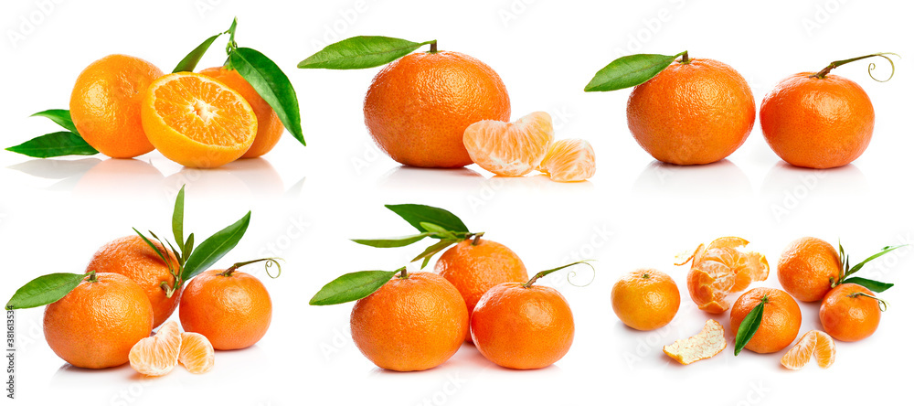 Collage mix set of fresh tangerine fruits with cut and green leaves isolated on white background. Collage mix set of fresh tangerine fruits with cut and green leaves isolated on white background.