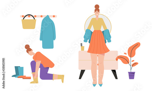Woman getting dressed or undressed and standing in hallway scenes