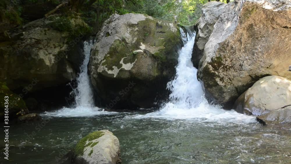 Mountain river. Cascading waterfall in green forest. Beautiful River with crystal clean water. Water flowing between rocks. Cascading river in nature. Mountain river. Cascading waterfall in green forest. Beautiful River with crystal clean water. Water flowing between rocks. Cascading river in nature.