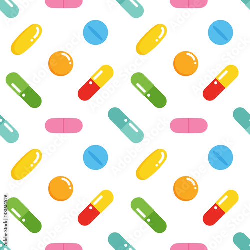 Vector seamless pattern background with colorful pills, vitamins, medications, food suppliments for pharmacy design.

